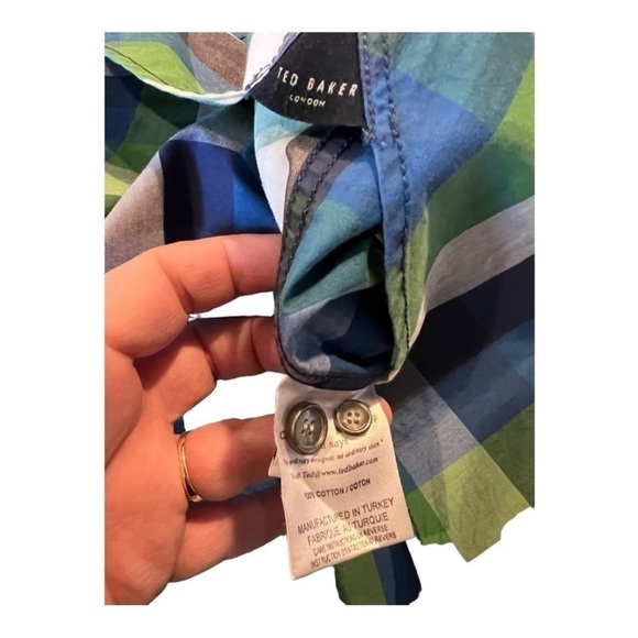Ted Baker Green Red Checkered Contrast Cuffs Button Down Untucked Mens Shirt - Picture 7 of 13